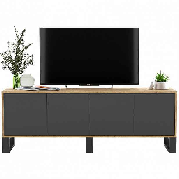 Meble Lindner TV stolek Apollo2 dub Wotan / grafit matný 150 cm s kovovými nohami