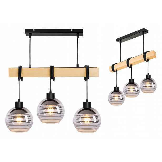 Dřevěná závěsná stropní lampa Lustr Zwis Loft, skleněná, 3x E27