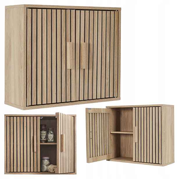 Závěsná skříňka Linea 60x50x20 cm lamelová přední strana béžová 2 police plné dveře