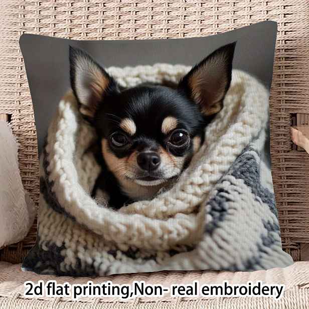TEMU 1 ks Povlak na polštář s chihuahua na koberci - 2D plochý tisk, jednostranný tisk (bez výplně polštáře), 17.72 X 17.72 palců (45 X ), nepravá