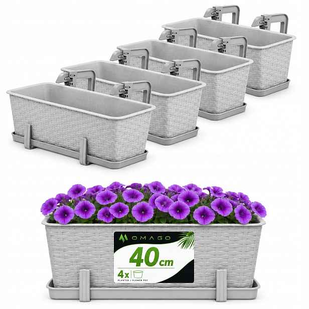 4 x Květináč Balkonový Truhlík 40 cm Úchytky Šedá Sada