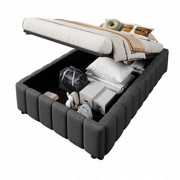 OKWISH ČALOUNĚNÁ postel 90/200 cm šedá z lnu s hydraulickým úložným prostorem