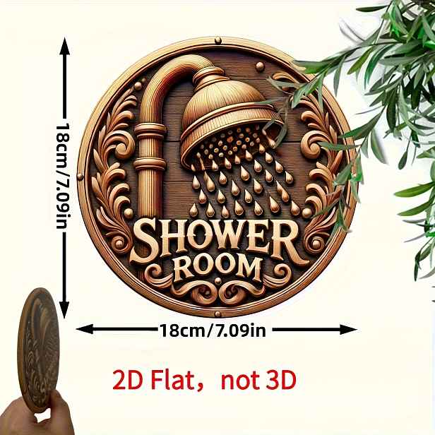 TEMU 2D Plochá, 2D Plochá , 1 Retro Cedule do Sprchového Koutu - Kulatá Dřevěná Plaketa se Zlatou Baterií a Designem Kapky Vody, Nástěnná Dekorace z