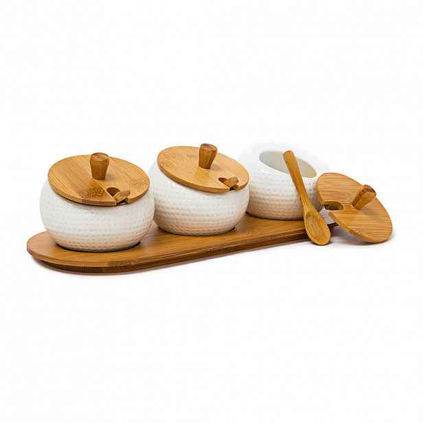 Relaxdays STOJAN NA KOŘENÍ Přírodní Bílá se 3 dózami Bambus Keramika 30,5 cm