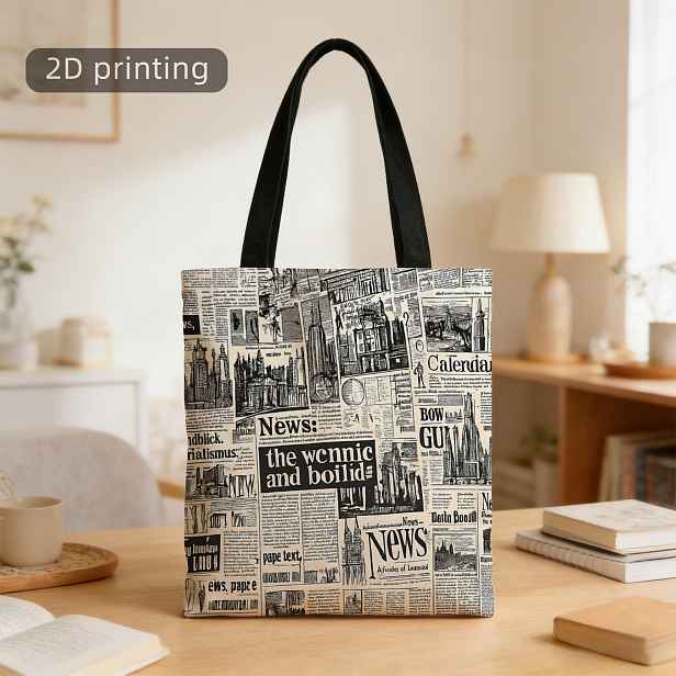 TEMU 1 ks 2D tištěná nákupní taška, novinový papír, noviny, tituly, městské scény, typografie, opakovaně použitelná, stylová taška přes rameno,