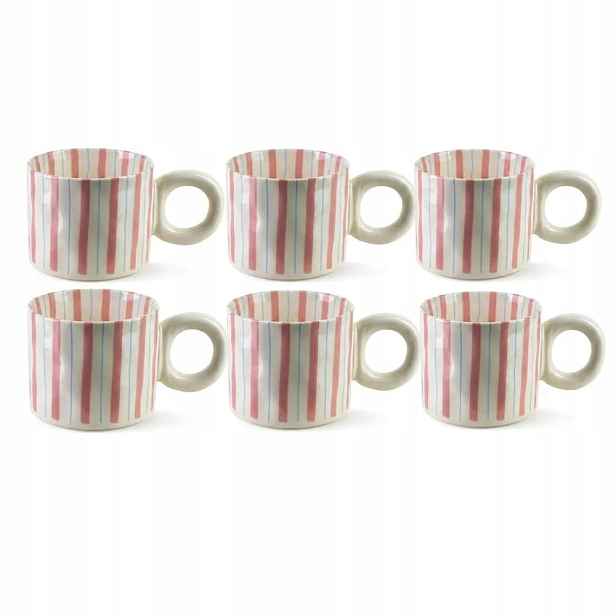 Šálky na čaj s proužky růží a Světle Modrá 380 ml Sada 6 kusů porcelánu