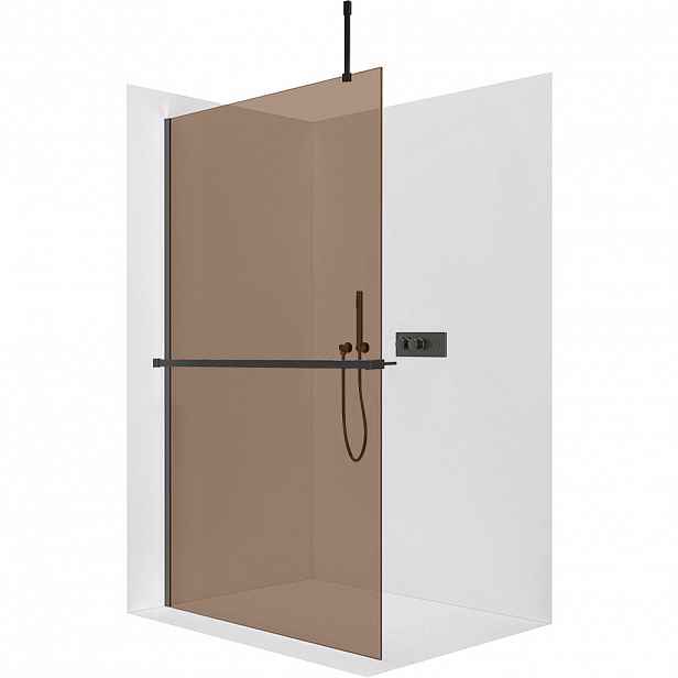 Sprchová zástěna Walk-in Onyx Top Cube L/P - 8 mm - hranatá vzpěra + polička/držák na ručníky - černá matná, bronzové sklo - 100x200 cm