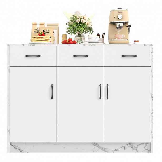 Redom KUCHYŇSKÝ ostrůvek 120/60/90,5 cm z MDF se 3 zásuvkami, 3 dvířky a barovým prostorem, Bílá/bílý mramor