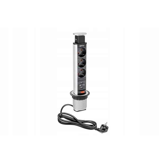 Prodlužovací kabel, zapuštěná zásuvka 60 mm, 3x230 V 2x Usb-a, stříbrný