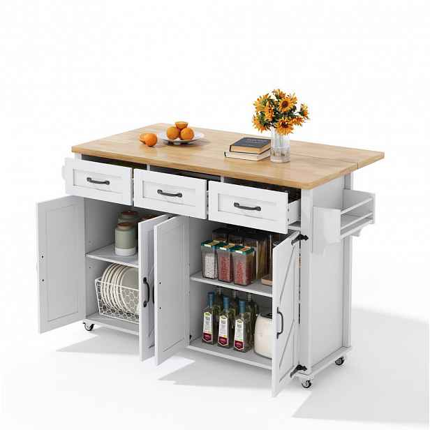 Redom KUCHYŇSKÝ ostrůvek 140/43(70)/90,5 cm s klopnou pracovní deskou, 4 dveřmi, 3 zásuvkami a pojezdovou konstrukcí, Bílá/přírodní