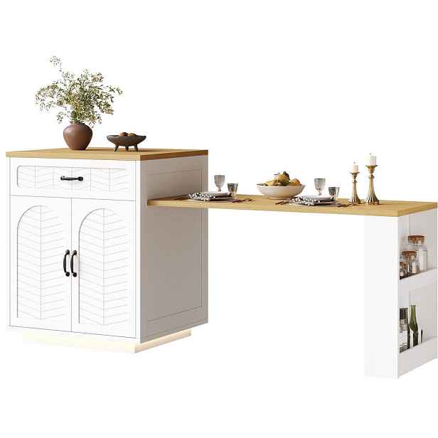 Modenvie KUCHYŇSKÝ ostrůvek z MDF, 80/70/95,5 cm bílý, s výsuvným stolem a úložným prostorem