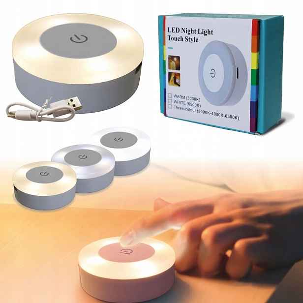Noční Lampa Led Dotyková Usb 3 Barvy Samolepicí 5 ks
