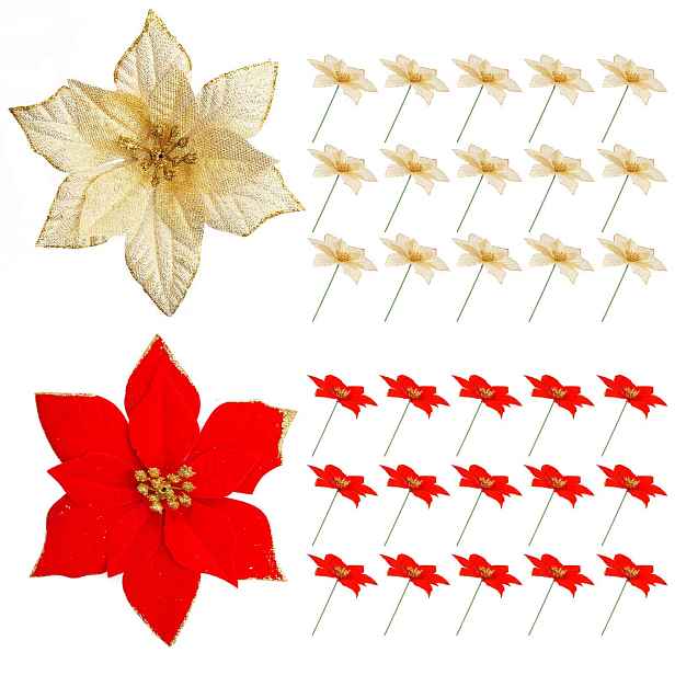 Květy Poinsettie Třpytivé Na Vánoční Stromeček 30 Ks 13 CM Červené Zlaté