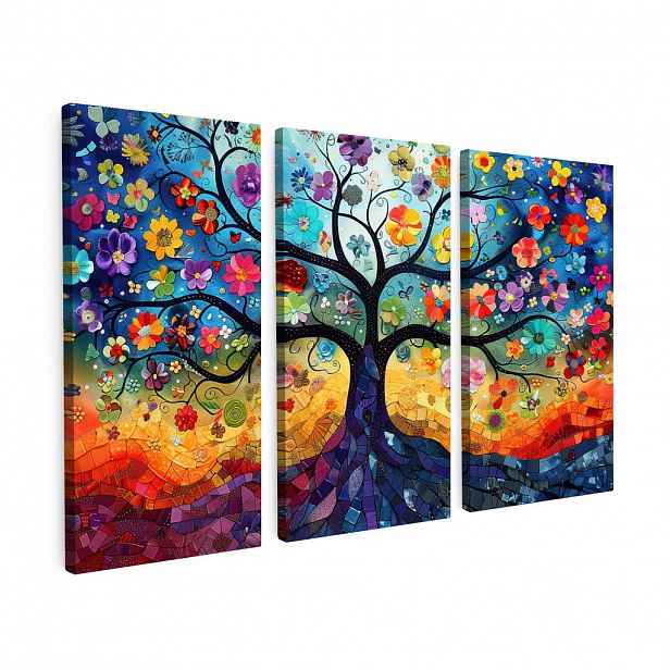 MuchoWow OBRAZ NA PLÁTNĚ 3dílná sada Barevné - Strom života - Květiny - Abstraktní 90x60 cm