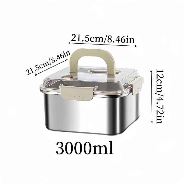 TEMU 1ks Vylepšený Nerezový Čtvercový Kontejner na Potraviny s Průhledným Uzamykatelným Víkem & Rukojetí - 1200ml/1600ml/2300ml/3000ml, Vhodný do