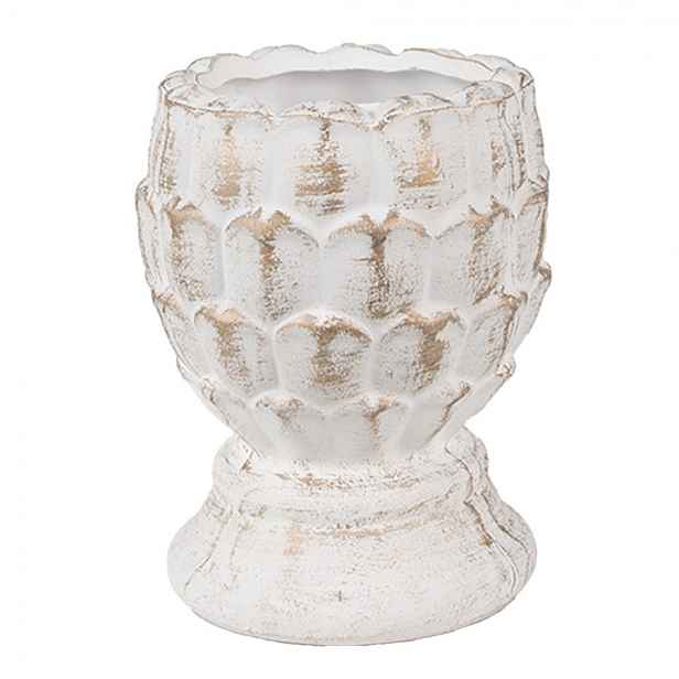 Bílo-zlatý cementový květináč ve tvaru šišky na podstavci S - Ø 11*13 cm Clayre & Eef