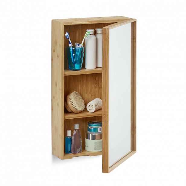 Relaxdays SKŘÍŇKA Přírodní bambus se zrcadlem s dvířky 60,5 cm