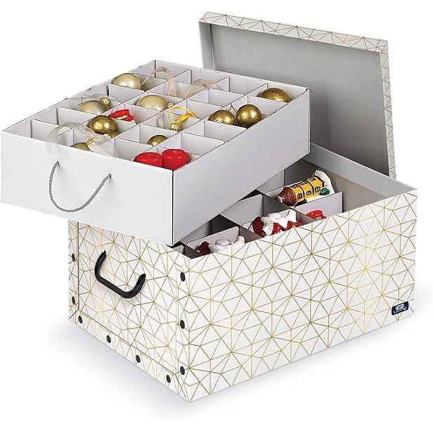 Domo Living Vánoční úložný box na baňky, vánoční ozdoby DOMO s přepážkami, bílá a zlatá, 39 x 50 x 24 cm