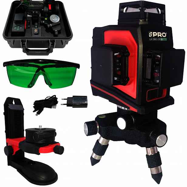 Křížový rovinný laser zelený Pro LK-360.3DG 30 m Laserová vodováha