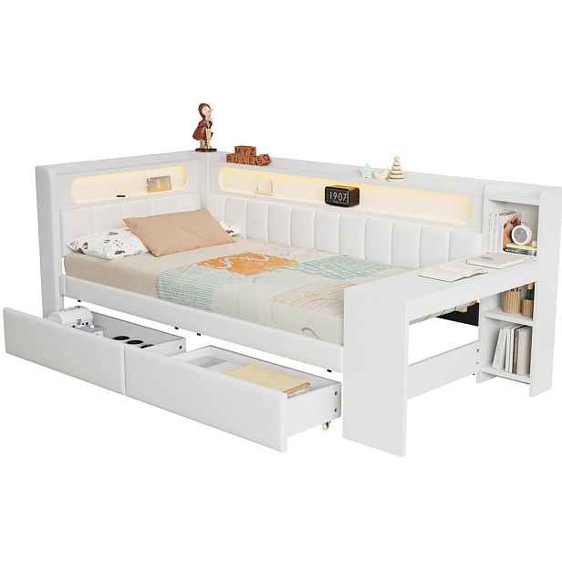 Modenvie DĚTSKÁ postýlka 90/200 cm z MDF a překližky v bílé, s LED osvětlením, USB, stolem a 2 zásuvkami