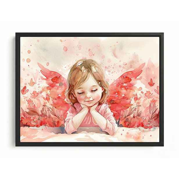 Obraz Rám Americký Box Akvarel Dítě Dívka Anděl Růžový Sen 80x60