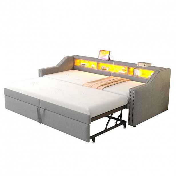 Modfu ČALOUNĚNÁ postel z lněné tkaniny 90/180x200 cm světle šedá s LED, USB a výsuvným lůžkem