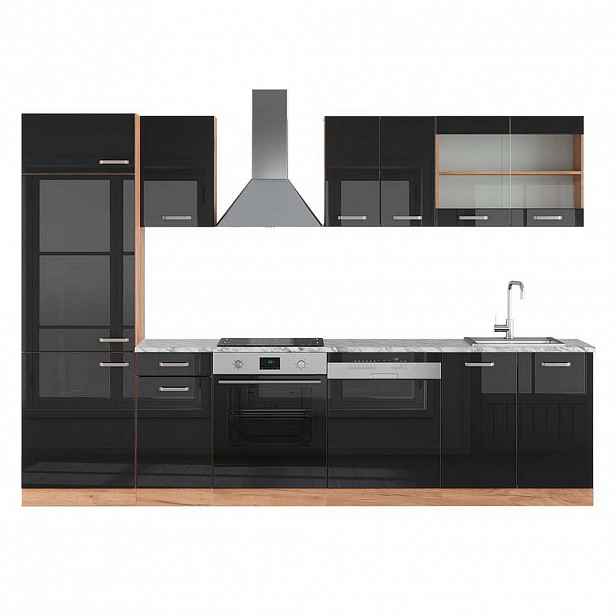 Vicco KUCHYŇSKÝ KOUT R-Line Černý/zlatý dub s vysokým leskem 300 cm , PD Mramor