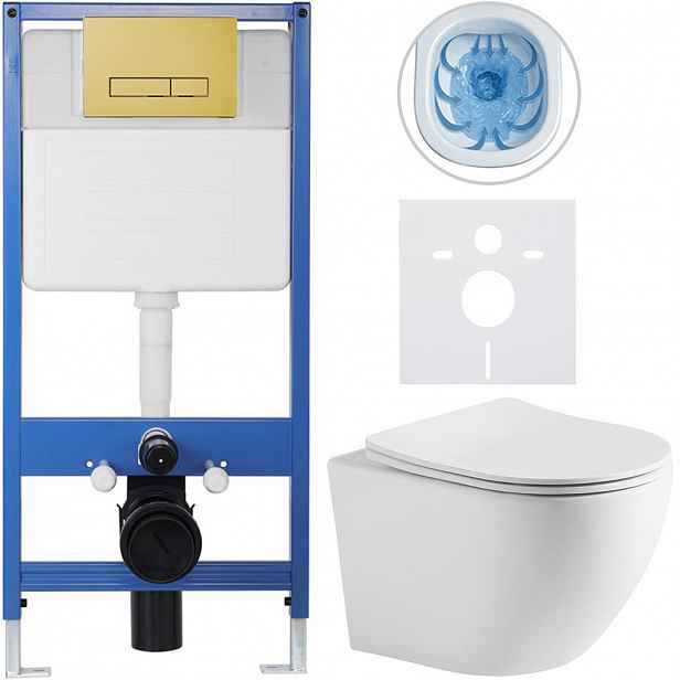 Kompletní WC set Profi/Cesso - bílá matná - WC tlačítko Slim/Zlatá - předstěnová instalace - 49x36 cm - 510876