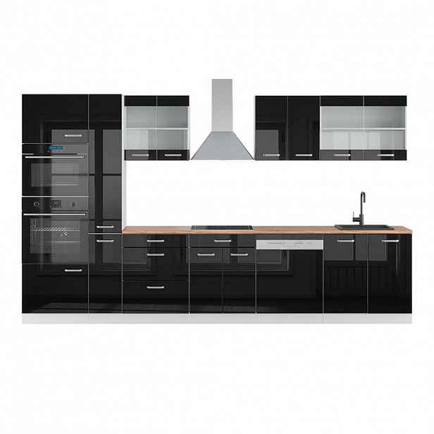 Vicco KUCHYŇSKÝ KOUT R-Line Černý vysoký lesk/bílá 350 cm s vysokou skříní, PD Dub