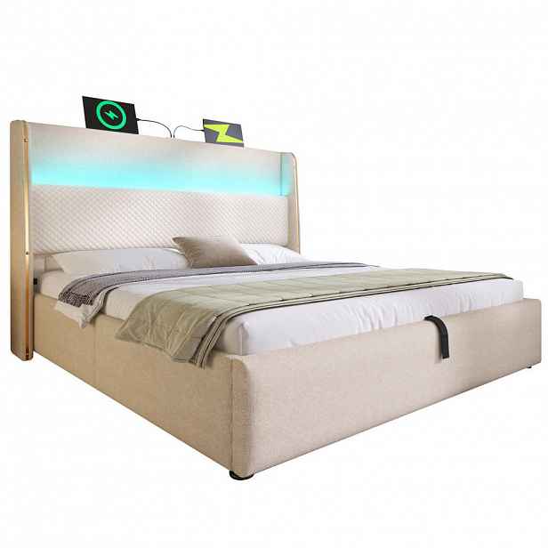 OKWISH ČALOUNĚNÁ postel 180/200 cm béžová z lnu s LED osvětlením, USB a Type-C, úložným prostorem