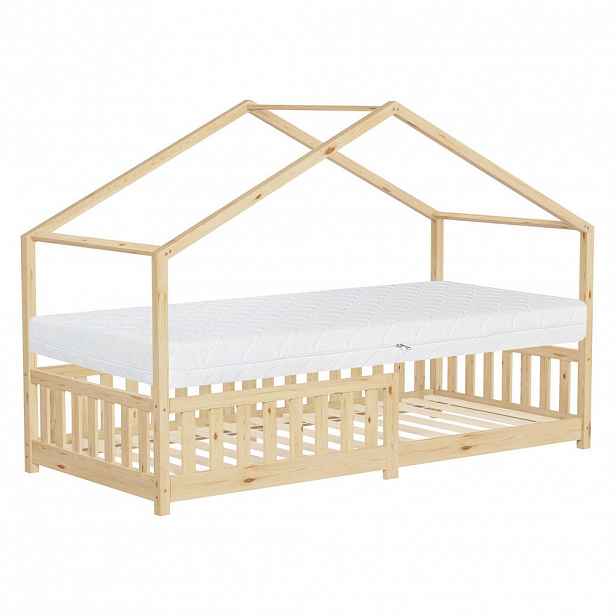 ML-DESIGN POSTEL VE TVARU DOMU s matrací 90 x 200 cm, výška 16 cm, přírodní borovice s ochranou proti vypadnutí