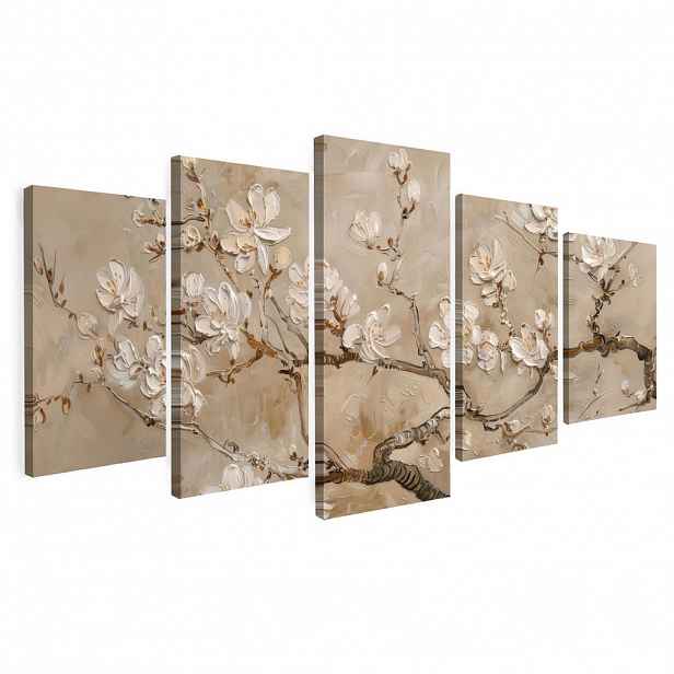 MuchoWow OBRAZ NA PLÁTNĚ 5dílná sada Béžová - Blossom - Moderní 100x50 cm