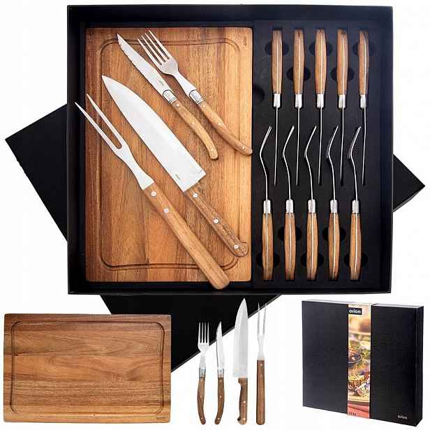 Dárková sada příborů nože prkénko na steaky, burgery, maso, grilování, pizzu