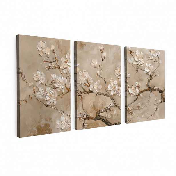 MuchoWow OBRAZ NA PLÁTNĚ 3dílná sada Béžová - Blossom - Moderní 120x60 cm