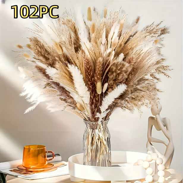 TEMU 102dílná umělá pampová tráva v kytici s nadýchanými králičími ocásky, bílá tráva na svatbu, boho bytové dekorace, doplňky pro venkovní zahradu a
