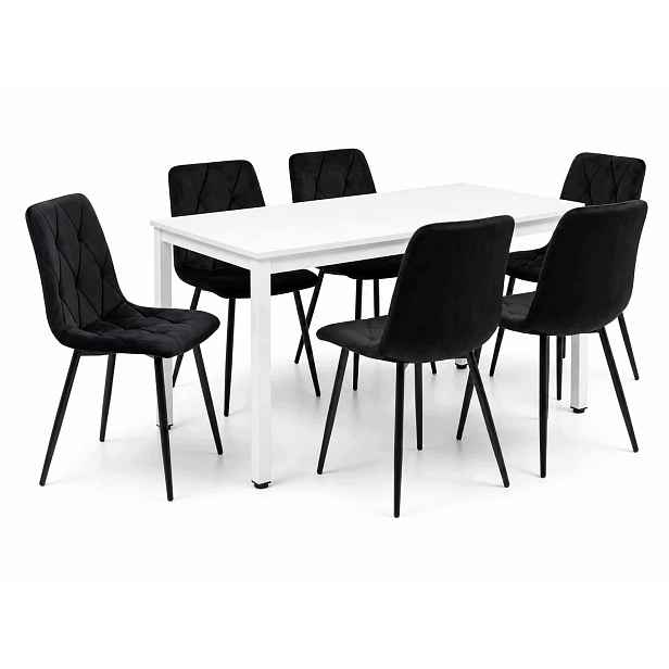 Jídelní set stůl 120x60 cm v loftovém stylu, bílý, se 6 čalouněnými židlemi v černé barvě
