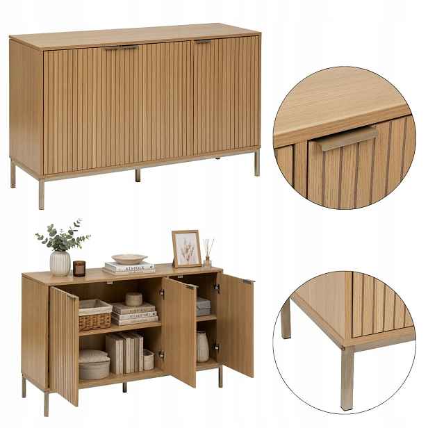 Komoda Skříňka Do Obývacího Pokoje Ložnice Jídelna Dřevo Kov Moderní 3 Dvířka