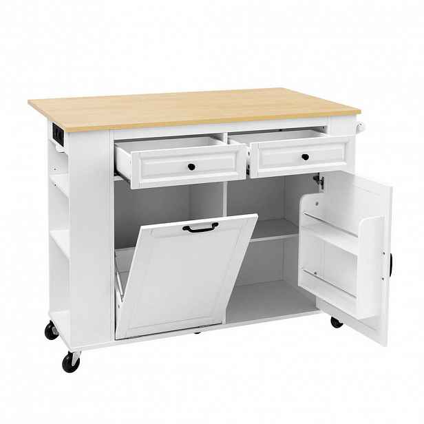Modfu KUCHYŇSKÝ ostrůvek z MDF 120x40-70x92 cm bílý/přírodní s výklopnou deskou, zásuvkami USB a prostorem na odpad
