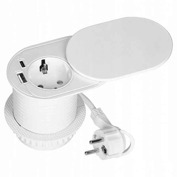 Nábytková zásuvka Ø6 cm, 1,9 m, 1x2P+Z (Schuko), 2xUSB (typ A+c; PD20W), bílá
