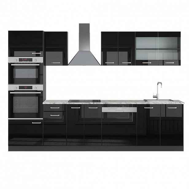 Vicco KUCHYŇSKÝ KOUT R-Line Černý vysoký lesk 300 cm s vysokou skříní, PD Mramor