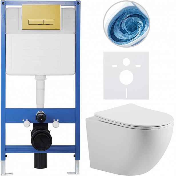Kompletní WC set Profi/Cesso - bílá matná - WC tlačítko Slim/Zlatá - předstěnová instalace - 49x36 cm - 814273