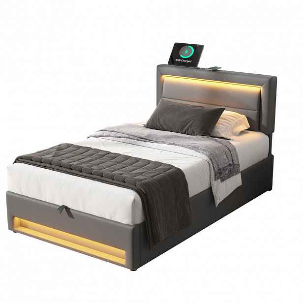 OKWISH ČALOUNĚNÁ postel 90/190 cm šedá z PU s LED osvětlením USB nabíjením a úložným prostorem