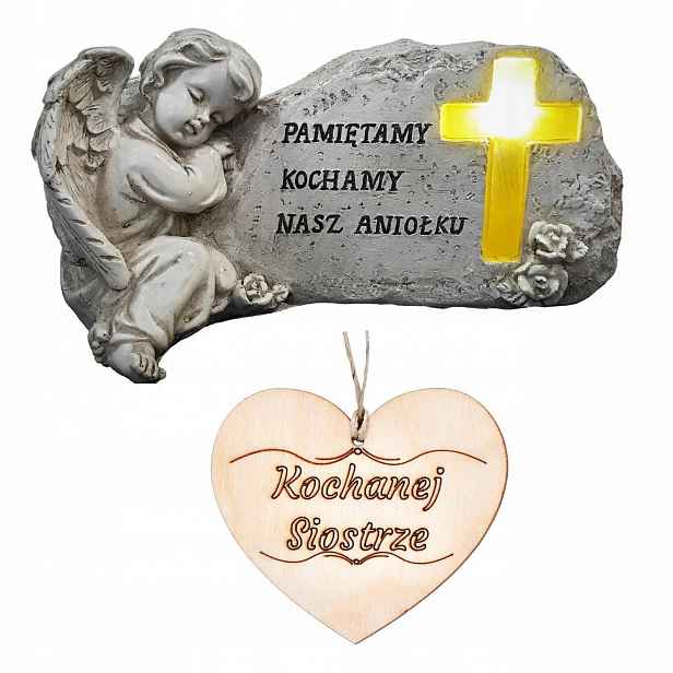 Hřbitovní Svíčka Figurka Anděl strážný na hrob Sestry Osvětlený kříž