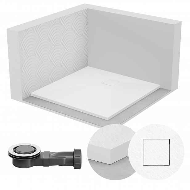 Čtvercová Sprchová Vanička 80x80 Kamenný Vzor 2,6 CM Bílá Sifon