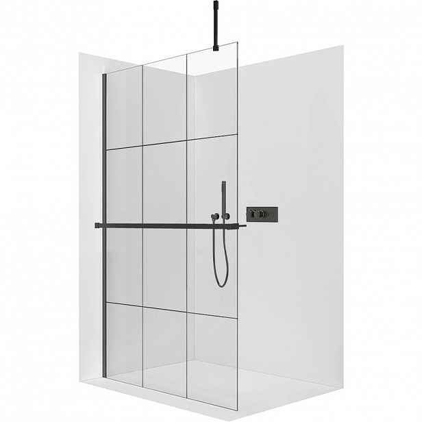Sprchová zástěna Walk-in Onyx Top Cube L/P - 8 mm - hranatá vzpěra + polička/držák na ručníky - černá matná, industriální sklo - 90x200 cm