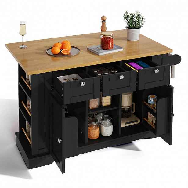 Modfu KUCHYŇSKÝ ostrůvek z MDF 132x40(70)x87 cm přírodní/černý s výklopnou deskou, zásuvkami, kolečky a zásuvkou USB