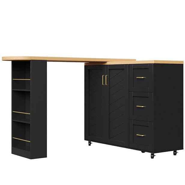 Redom BAROVÝ vozík 135-228/39/104 cm z MDF a kovu s výsuvnou deskou, 2 dvířky, 3 zásuvkami a kolečky, Černá