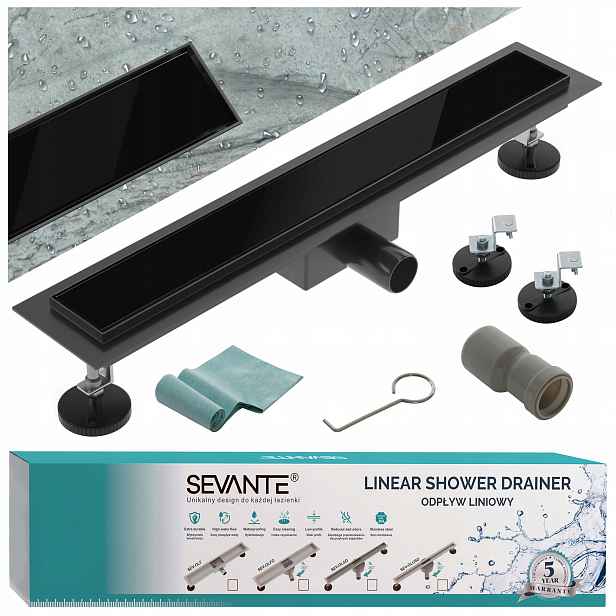 Lineární odtok s maskovacím otvorem 90 cm Flat, černé sklo nerezová ocel Sevante