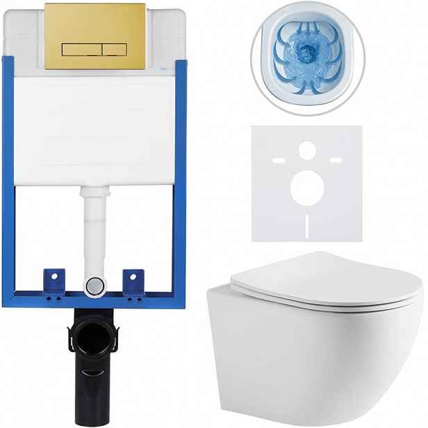 Kompletní WC set Profi/Cesso - bílá matná - WC tlačítko Slim/Zlatá - pro zazdění - 49x36 cm - 435811