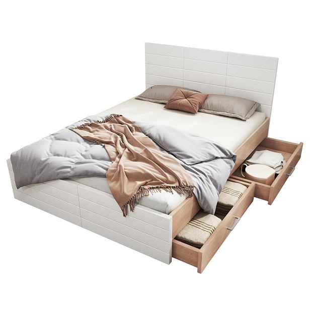STILVORA POSTELOVÁ SESTAVA 140 × 200 cm, bílá a dubová, 2 zásuvky, úložný prostor a rošt